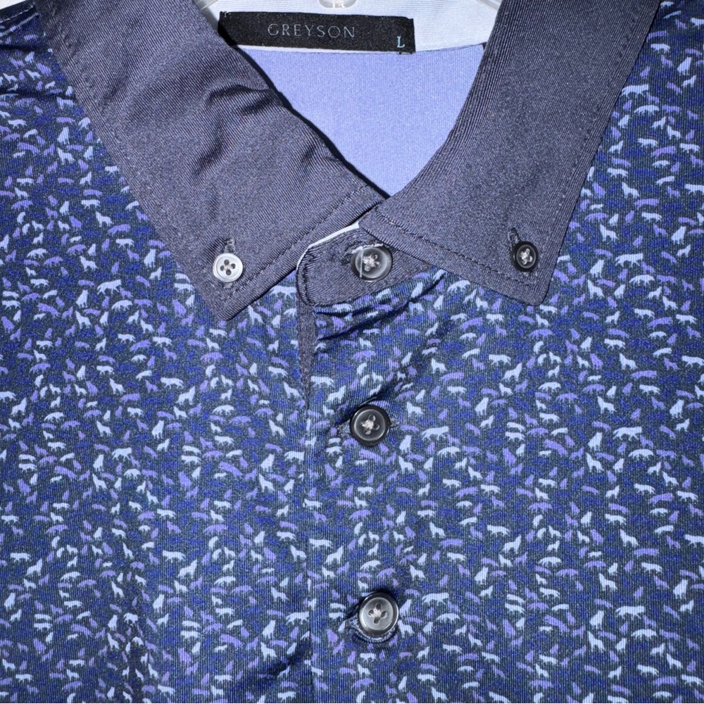 Greyson Wolves all over Print Polo Men’s Large Gray, Purple and Blue